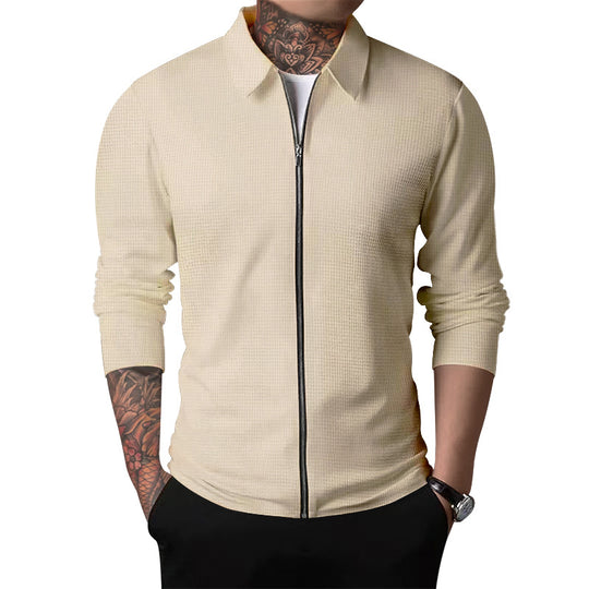 Herren nan Zip-Cardigan mit Hemdkragen und feiner Rippstruktur EB