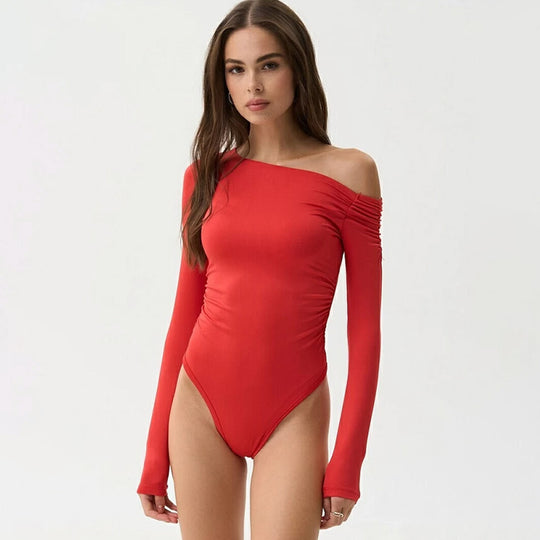 Damen Elegantes Body mit schulterfreiem Design und langen Ärmeln EB
