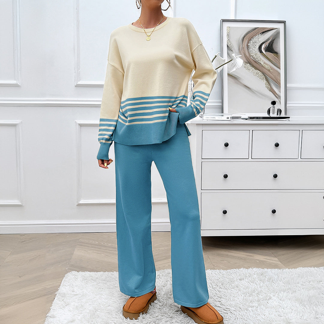 Damen nan lässiges Strick-Lounge-Set mit gestreiftem Rundhals-Pullover, Raglanärmeln und weiten taillenhohen Hosen EB