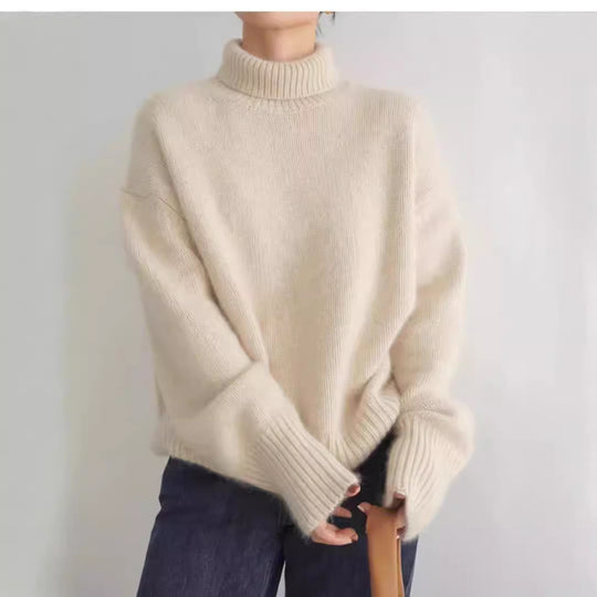 Damen Modernes Strickpullover mit hohem Kragen und Lockere Passform EB