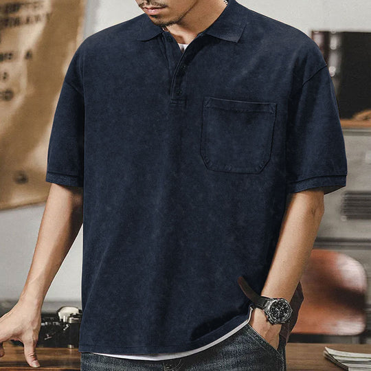 Herren nan locker geschnittenes Baumwoll-Poloshirt mit aufgesetzter Brusttasche und kurzer Knopfleiste EB