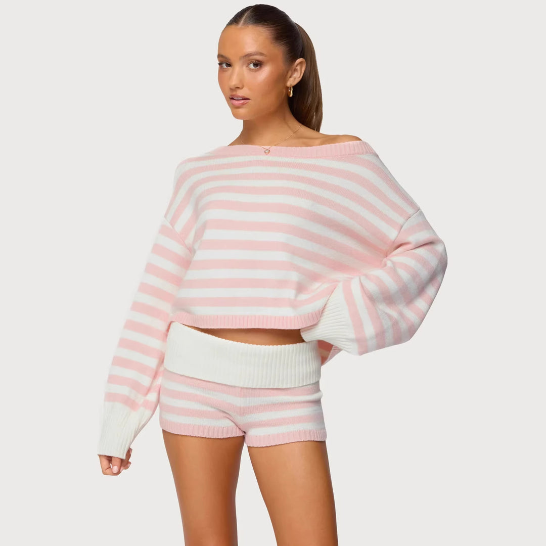 Damen nan kurz geschnittener Off-Shoulder Cropped Strickpullover mit weitem Fledermausärmel EB