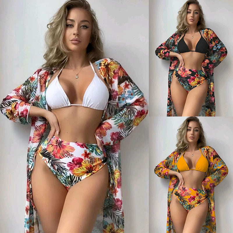 Damen Bikiniset mit hohem Bund und floralem Überwurf EB