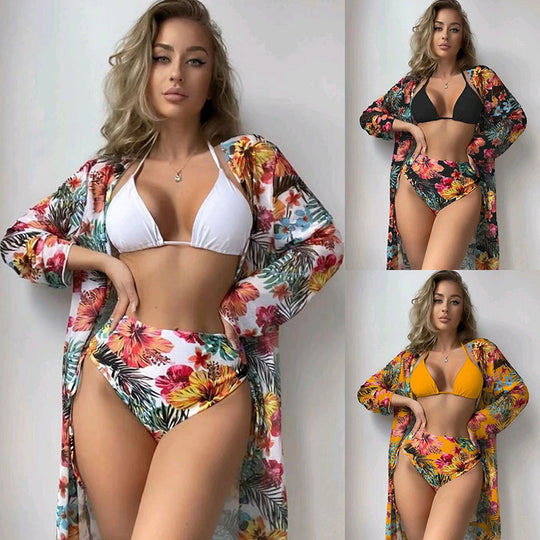 Damen Bikiniset mit hohem Bund und floralem Überwurf EB