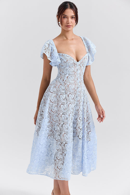 Damen Midikleid mit romantischer Spitzenstruktur und voluminösen Ärmeln EB