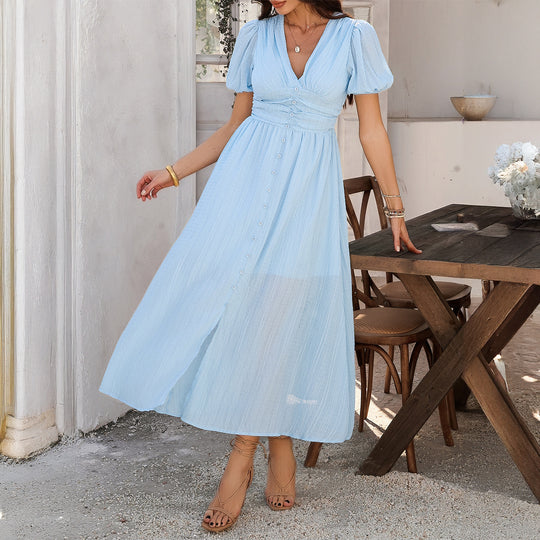 Damen Maxikleid mit V-Ausschnitt und luftigen Puffärmeln EB