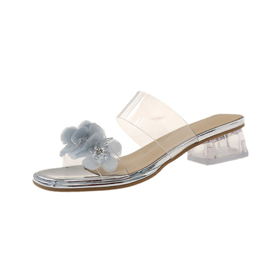Damen Offene Mules mit floralen Applikationen und transparentem Absatz EB
