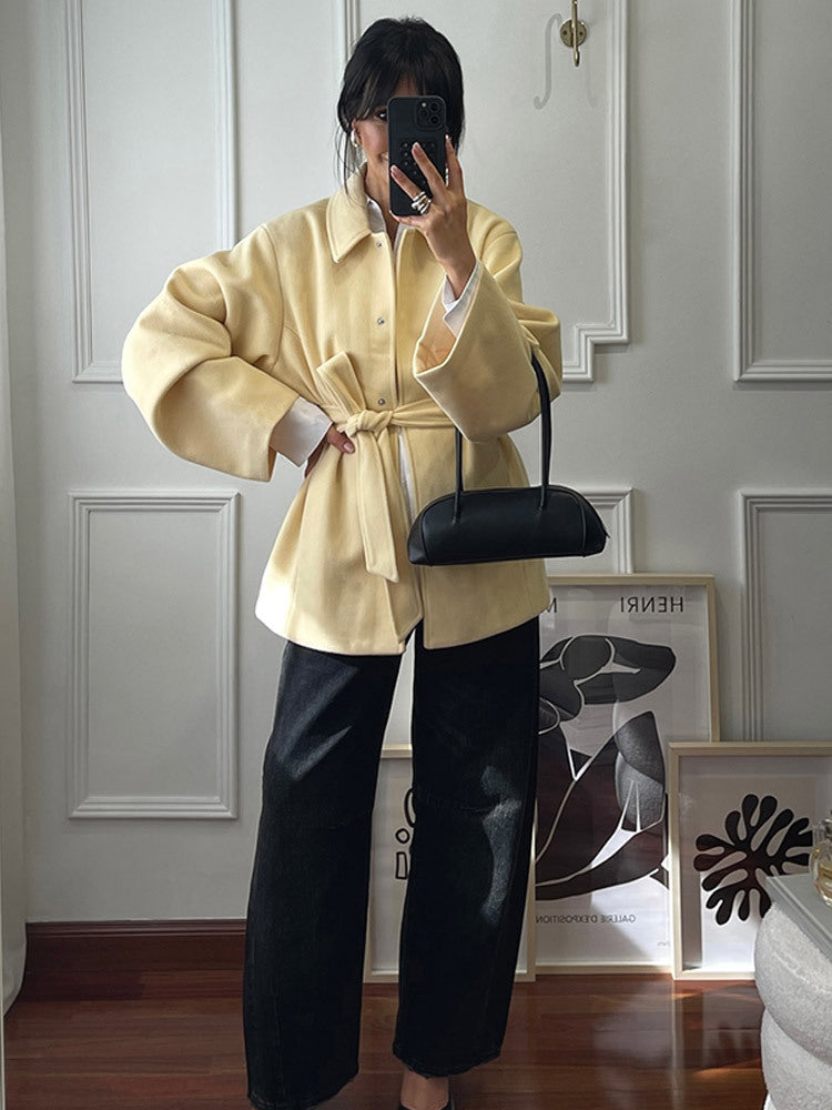 Damen Oversized jacke mit breitem Revers und Taillengürtel EB