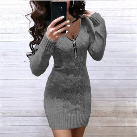Damen Strickkleid mit tiefem V-Ausschnitt und dekorativem Reißverschluss EB