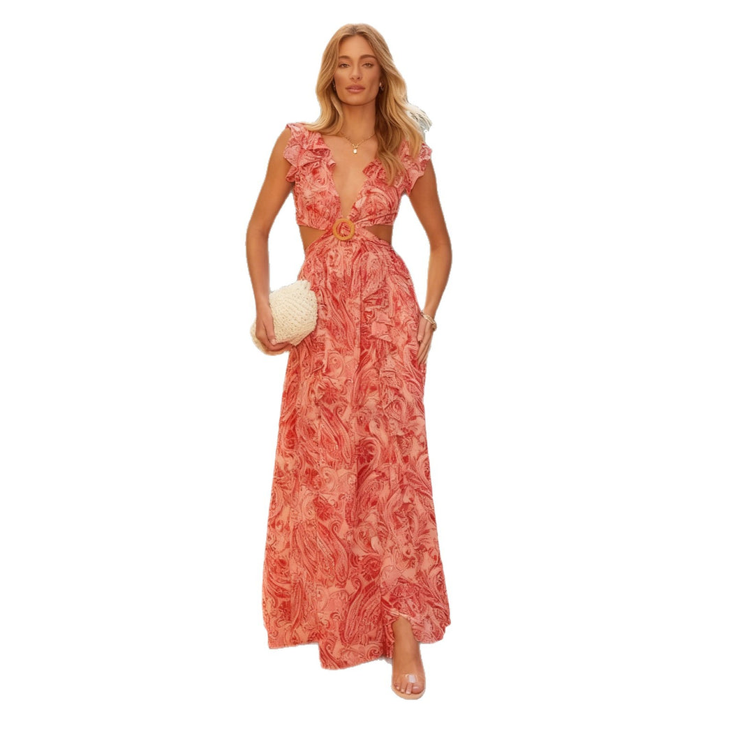 Damen Maxikleid mit voluminösen Rüschendetails und tiefem V-Ausschnitt EB