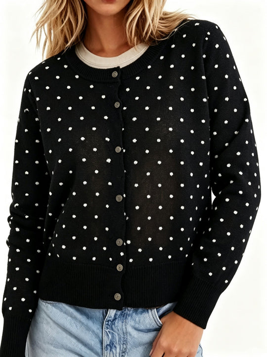 Damen Gepunktete Feinstrick-Cardigan mit Rundhals und Rippbündchen EB
