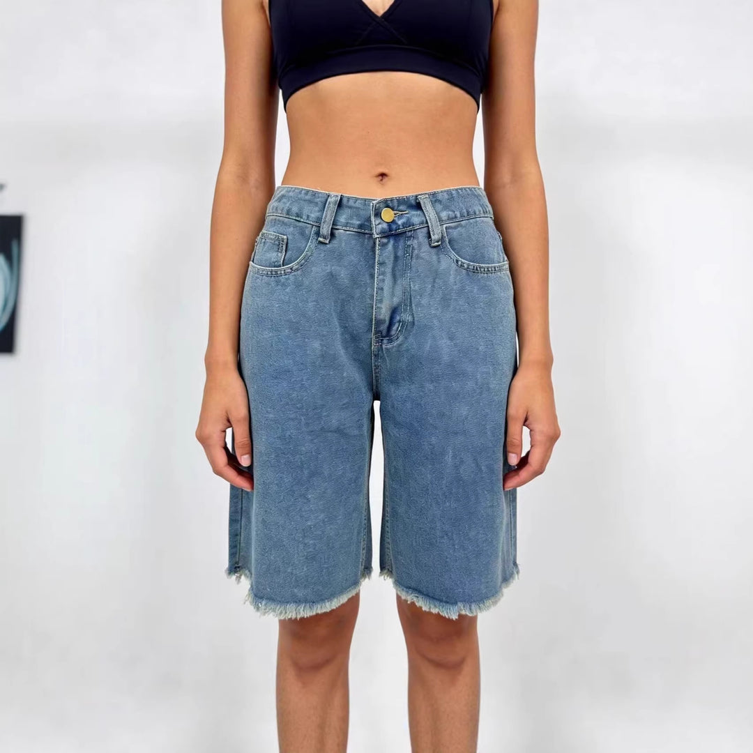Damen lässige Denim-Shorts mit ausgefransten Säumen und hoher Taille EB