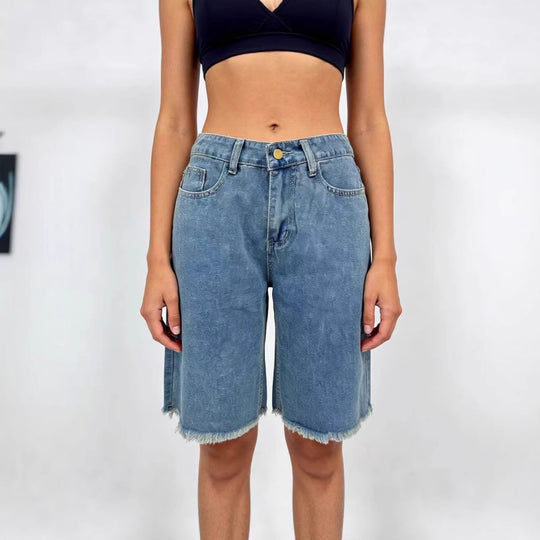Damen lässige Denim-Shorts mit ausgefransten Säumen und hoher Taille EB