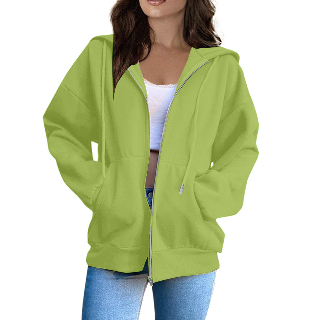 Damen nan lässige Kapuzenjacke mit durchgehendem Reißverschluss, Kängurutaschen und voluminösen Raglanärmeln EB