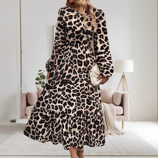 Damen Elegantes Langarm-Maxikleid mit modernem Tierprint und asymmetrischem Saum EB