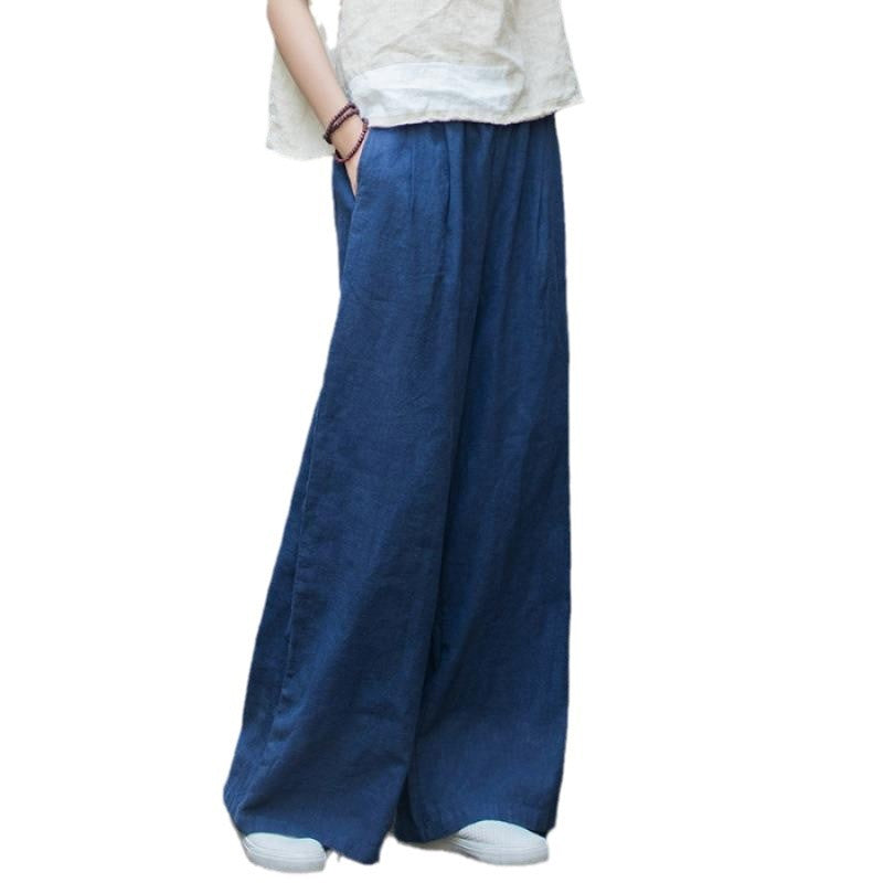 Damen weit geschnittene Leinenhose mit elastischem Bund und praktischen Taschen EB