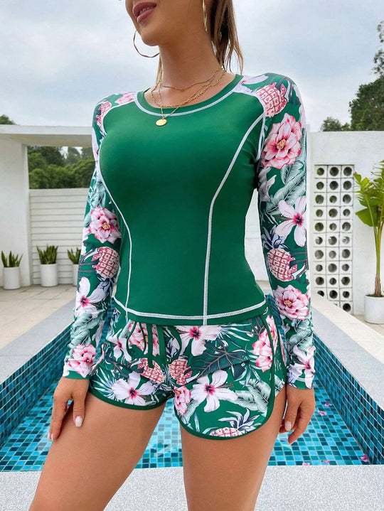 Damen Langarm Surf-Badeanzug mit floralem Muster EB
