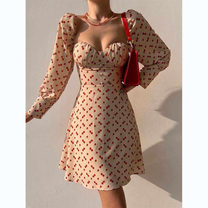 Damen Puffärmel Kleid mit romantischem Blumenmuster und herzförmigem Ausschnitt EB