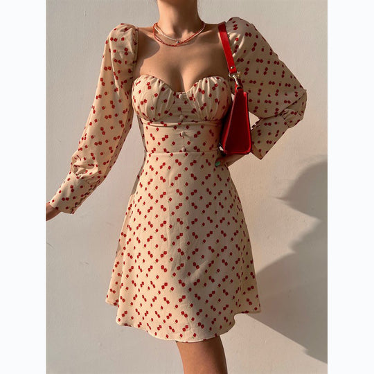 Damen Puffärmel Kleid mit romantischem Blumenmuster und herzförmigem Ausschnitt EB