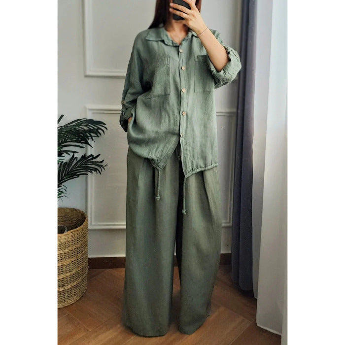 Damen Leinen-Set mit weiten Hosen undlässiger Bluse EB