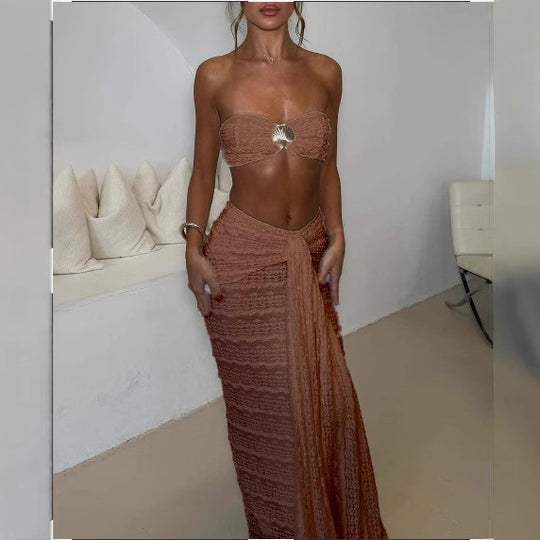 Damen Kleidungsset aus feiner Spitze und elegantem Wickelsaum EB