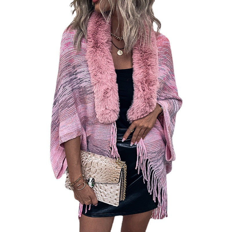 Damen eleganter Poncho mit luxuriösem Kunstfellkragen und fransigem Saum EB