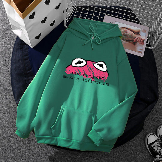 Damen nan relaxed-fit Kapuzenpullover mit gestempelter Froschgrafik, Kängurutasche und Kordelzug EB