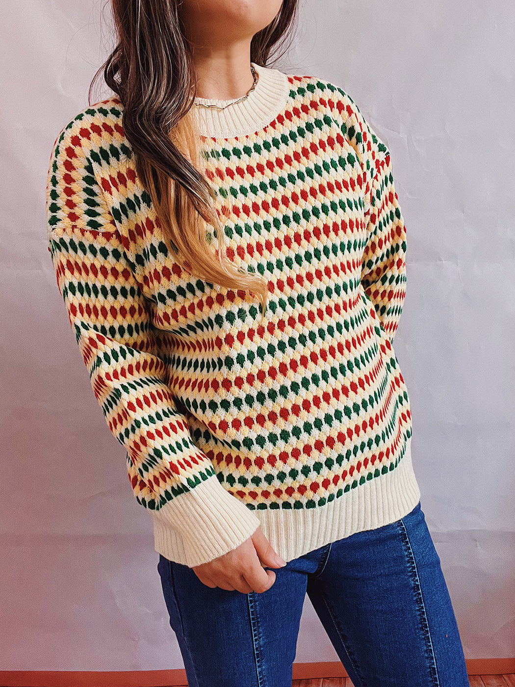 Damen lässiger Strickpullover mit buntem Rautenmuster und Rundhalsausschnitt EB
