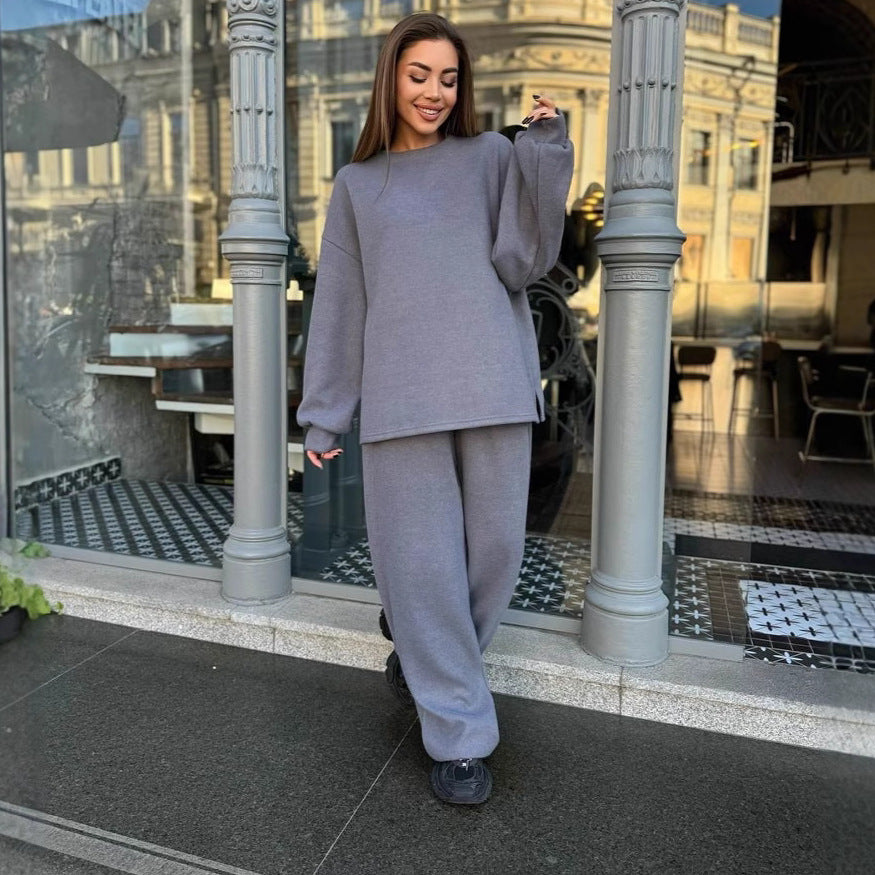 Damen Weiches Oversized-Strick-Loungewear-Set mit legerem Rundhals-Pullover und weiter Komforthose EB