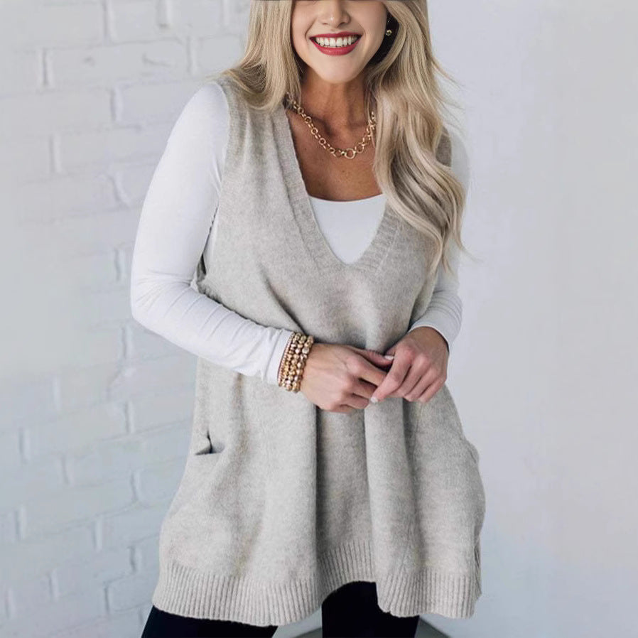 Damen Bequemer Strick-Poncho mit seitlichen Taschen EB
