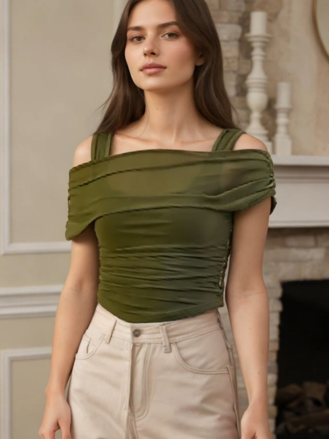 Damen Off-Shoulder Oberteil mit Raffung EB