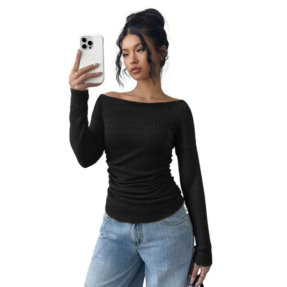 Damen schulterfreies geripptes Langarmshirt mit taillierter Raffung und figurbetontem Stretch Eichborn Berlin