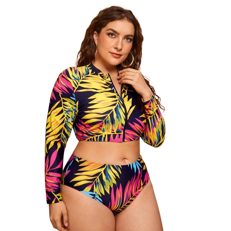 Damen Surf-Bikini-Set mit langärmligem Oberteil und buntem Palmendruck EB