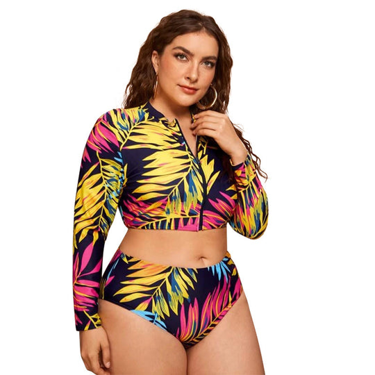 Damen Surf-Bikini-Set mit langärmligem Oberteil und buntem Palmendruck EB