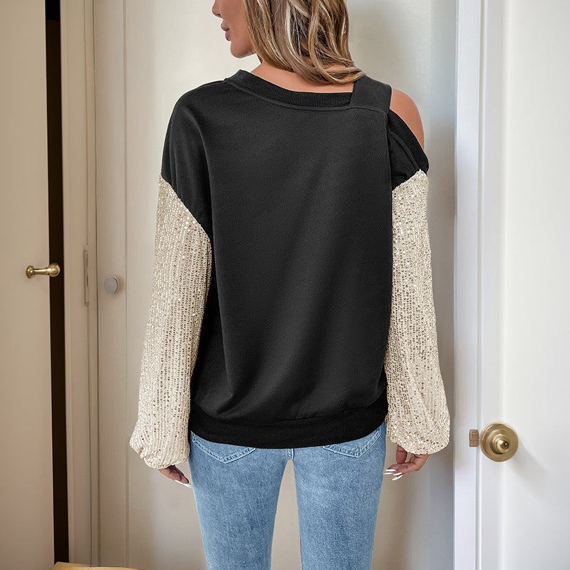 Damen Asymmetrisches Sweatshirt mit Schulterauschnitt und Paillettenstrickärmeln EB