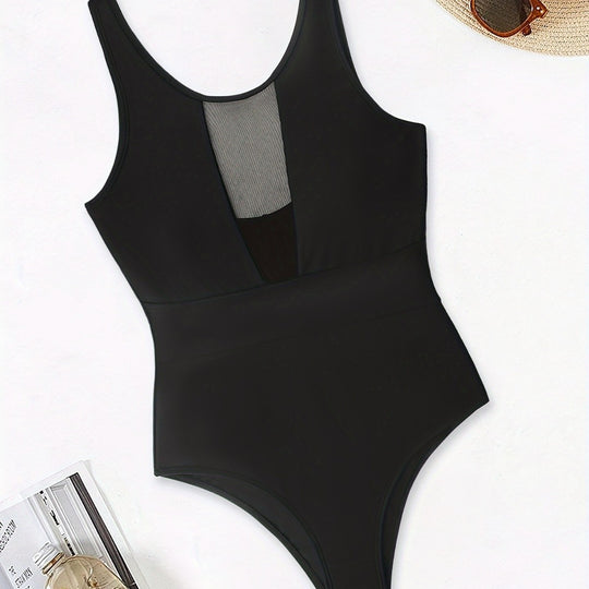 Damen Sportlicher Einteiler mit tiefem V-Ausschnitt und transparenten Mesh-Details EB