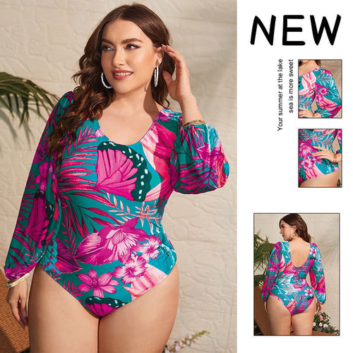 Damen Einteiler Badeanzug mit eleganten langen Ärmeln und floralem Design EB