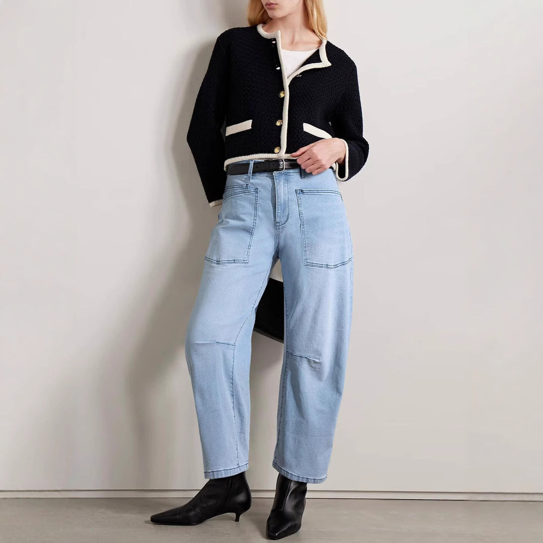 Damen nan lässige Canvas-Hose mit hohem Bund, weitem Bein und aufgesetzten Taschen EB