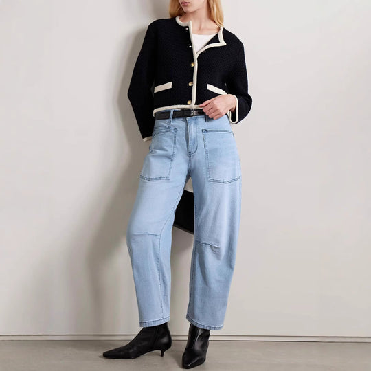 Damen nan lässige Canvas-Hose mit hohem Bund, weitem Bein und aufgesetzten Taschen EB