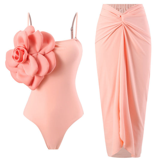 Damen Einteiler Badeanzug mit modischem Blumendesign und passendem Wickelrock EB