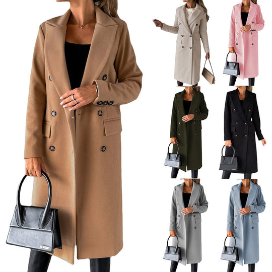 Damen nan klassischer langer Doppelreiher Mantel mit Reverskragen und Pattentaschen EB