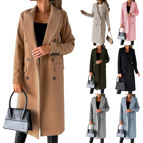 Damen nan klassischer langer Doppelreiher Mantel mit Reverskragen und Pattentaschen EB