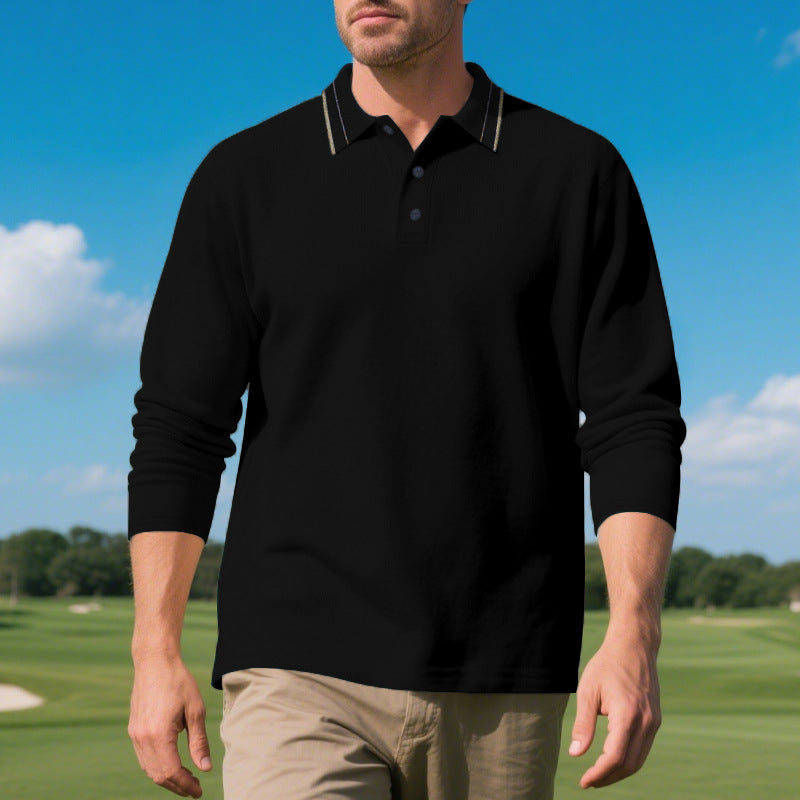 Herren elegantes Langarm-Polohemd mit kontrastierendem Kragen und modischen Knopfdetails EB
