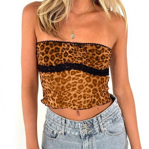 Damen Bandeau-Top mit trendigem Leopardenmuster und zarter Spitzenkante EB