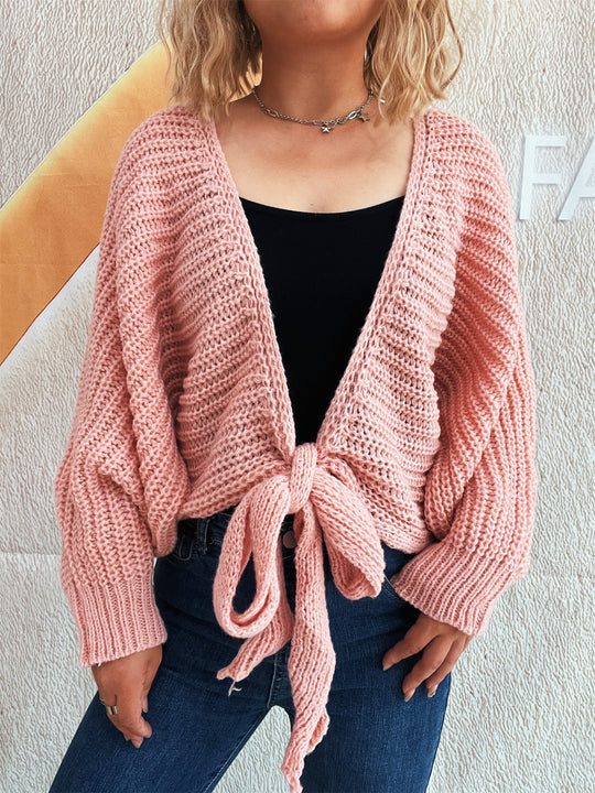 Damen Strickjacke mit verspieltem Bindegürtel und voluminösen Ärmeln EB