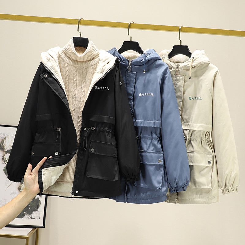 Damen Wasserabweisender Kapuzenparka mit Teddyfutter Tunnelzugtaillierung und Mehrfachtaschen EB