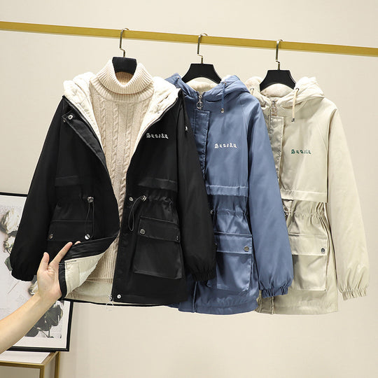 Damen Wasserabweisender Kapuzenparka mit Teddyfutter Tunnelzugtaillierung und Mehrfachtaschen EB