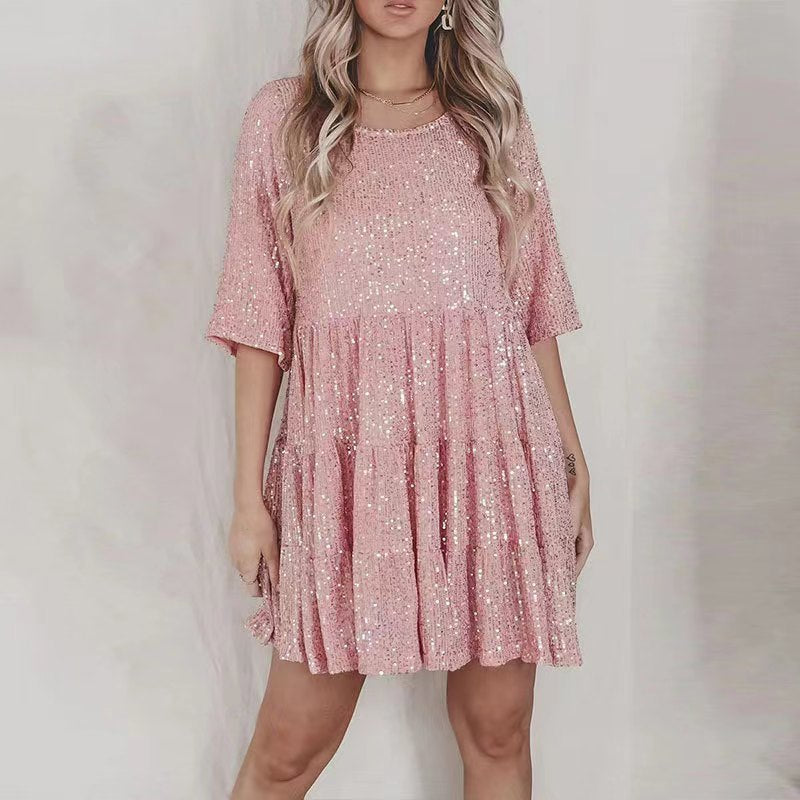 Damen funkelndes Mini-Kleid mit Pailletten und weitem Schnitt EB
