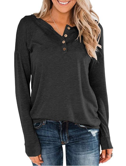 Damen modisches Langarm-Henley-Shirt mit Knopfleiste EB