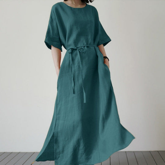 Damen Leinenmaxikleid mit weit geschnittenen Ärmeln und Taillengürtel EB